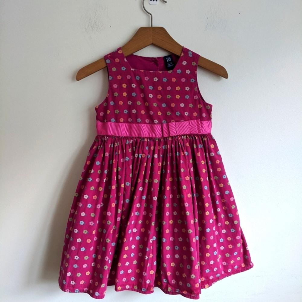 Baby Gap 2003 Girl's 3T Empire Waist Maroon With Multi Colored Flowers Pink Bow